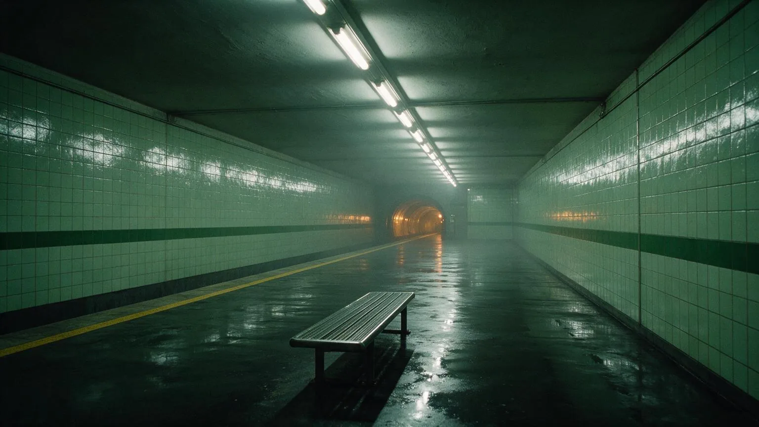 Una banchina della metropolitana vuota con piastrelle verde pallido, una striscia verde scuro, tubi fluorescenti, una panca in acciaio e l'imboccatura calda e ambrata di un tunnel.