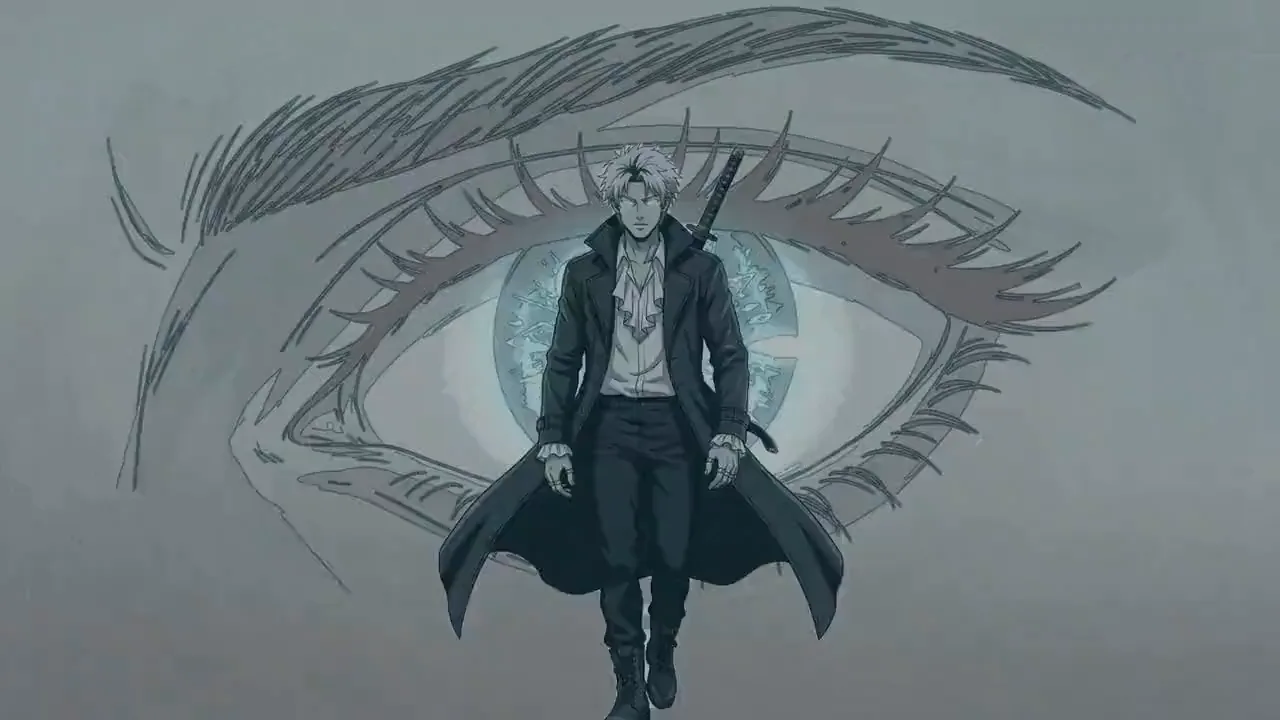 Ryo, an AI character drawn in flat teal and grey cel style: a silhouette with typed lines, panels of his face and his sword, a walk over a giant glowing eye, and RYO on black at the end