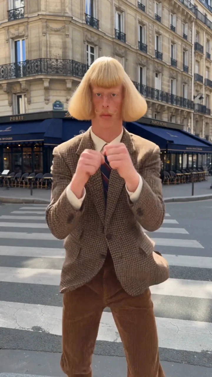 Jean Phil shadowboxing at a Paris pedestrian crossing, then straightening his tie and staring into the lens