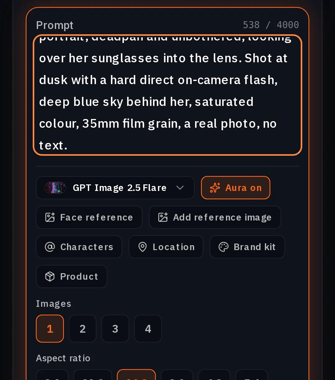 The Create images page with Juno's prompt typed and GPT Image 2.5 Flare selected