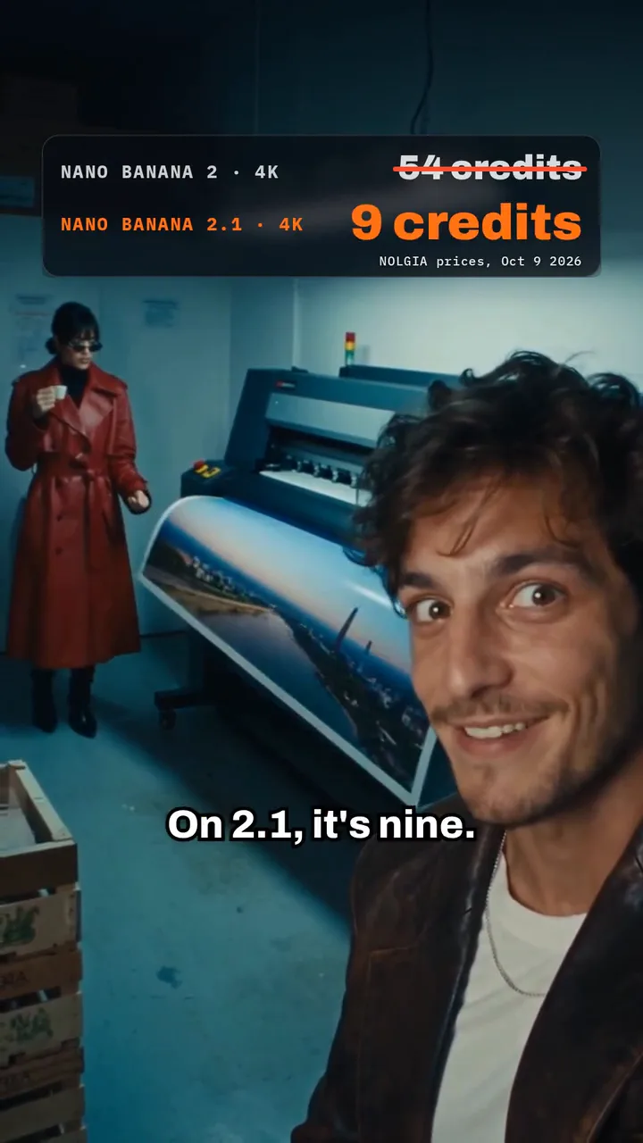 O reel, parte três: a proporção de aspecto 8:1 selecionada, uma limusine branca alongada em uma imagem ultralarga, Theo em uma gráfica comparando o preço do 4K do Nano Banana 2 e 2.1, e Theo em um restaurante com o convite para testar
