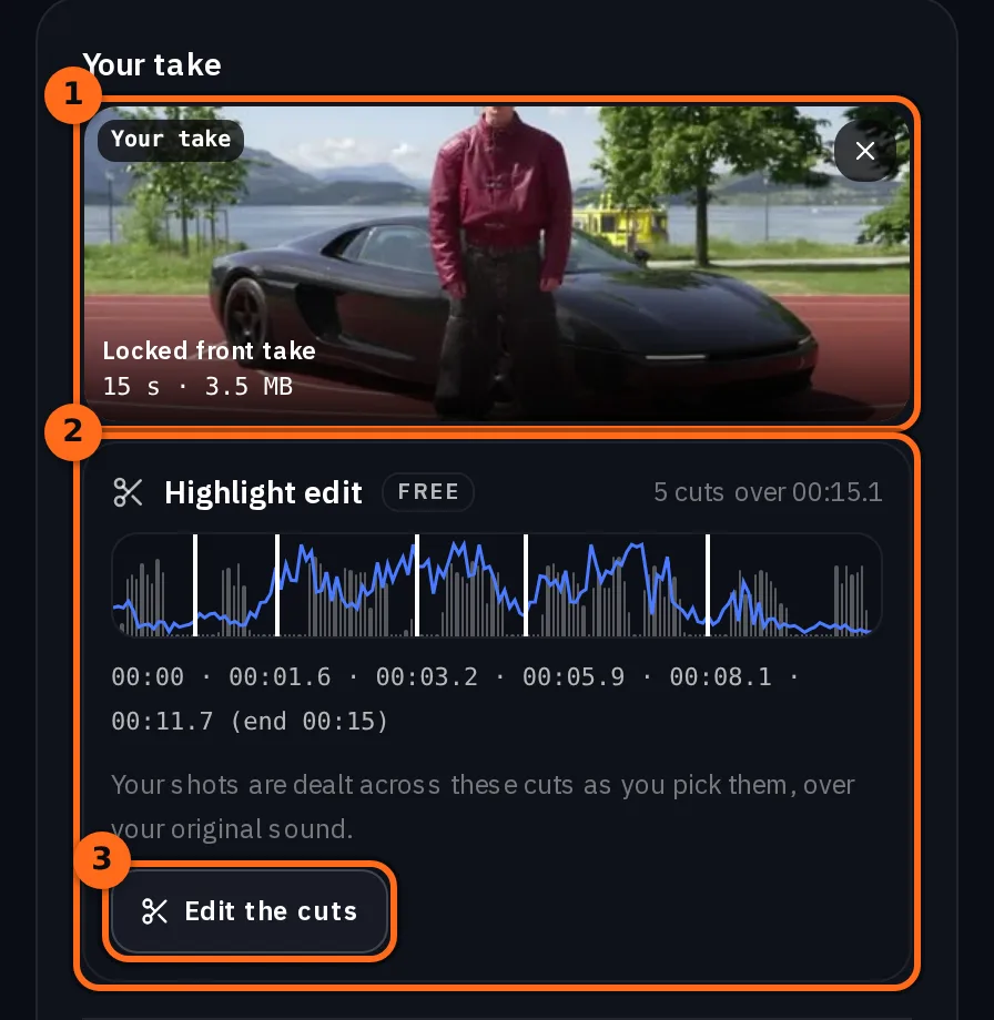 Die Kachel „Dein Take“ mit unserem gesperrten Front-Take von ihm neben dem schwarzen Auto, 15 s und 3,5 MB, und darunter die Karte „Highlight-Schnitt“ mit dem Ton des Takes, fünf Schnitten und ihren Zeitpunkten