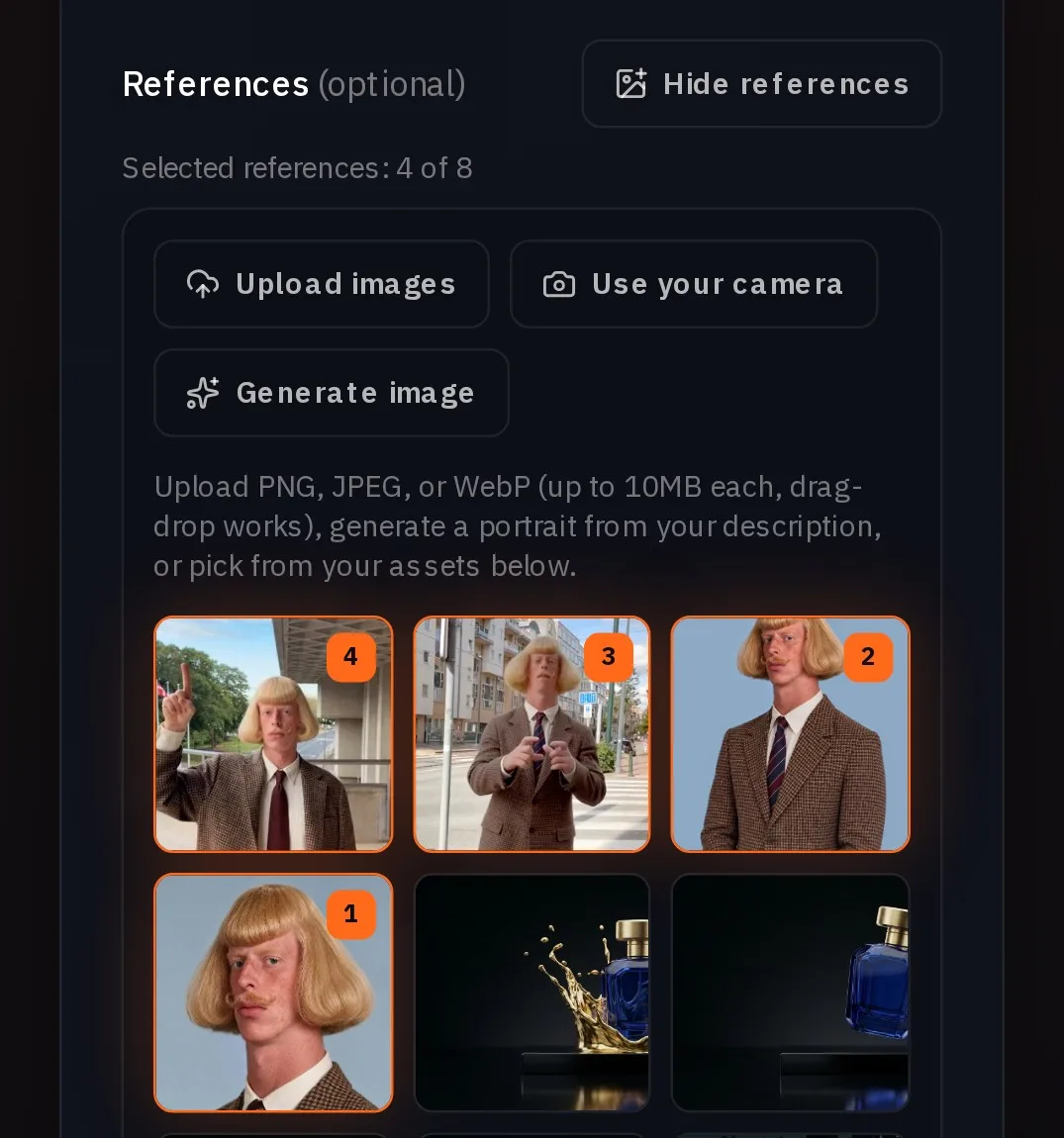 The References section of the New character form: Selected references 4 of 8, the Upload images button and the four photos, numbered 1 to 4