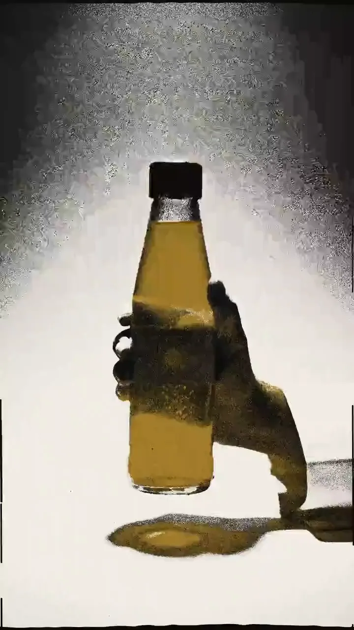 A vertical launch edit of a gold drink bottle in photocopy style: the bottle inked gold on black, a hand holding it in a spotlight, a lineup of four bottles under a no. 001 stamp, and the word NOLGIA stacked on cream paper