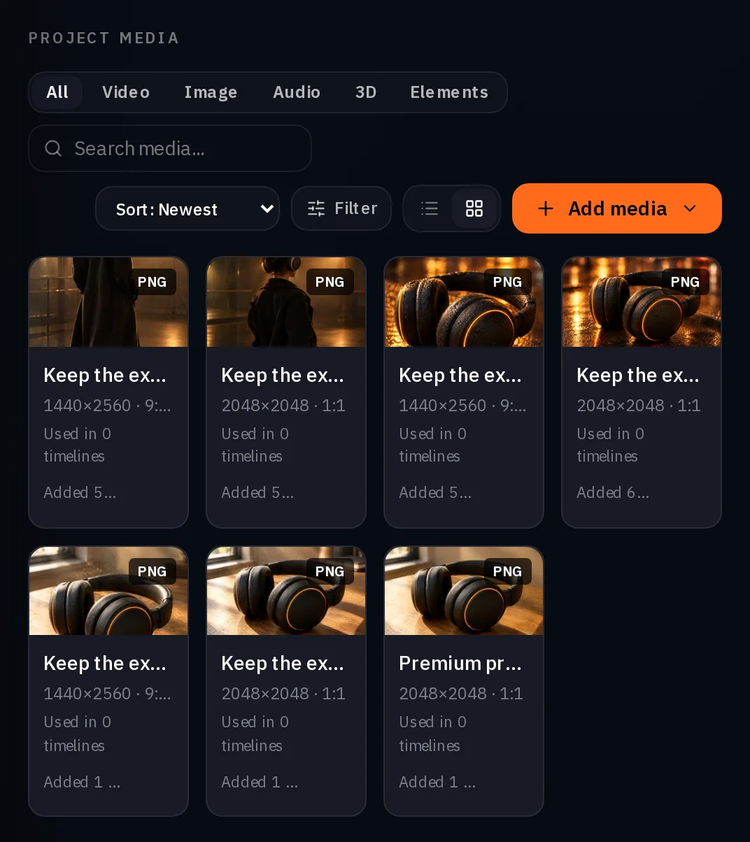 La cuadrícula de medios del Proyecto de la campaña Orange Ring 2: el hero y los seis creativos, en formato cuadrado y vertical, con sus tamaños