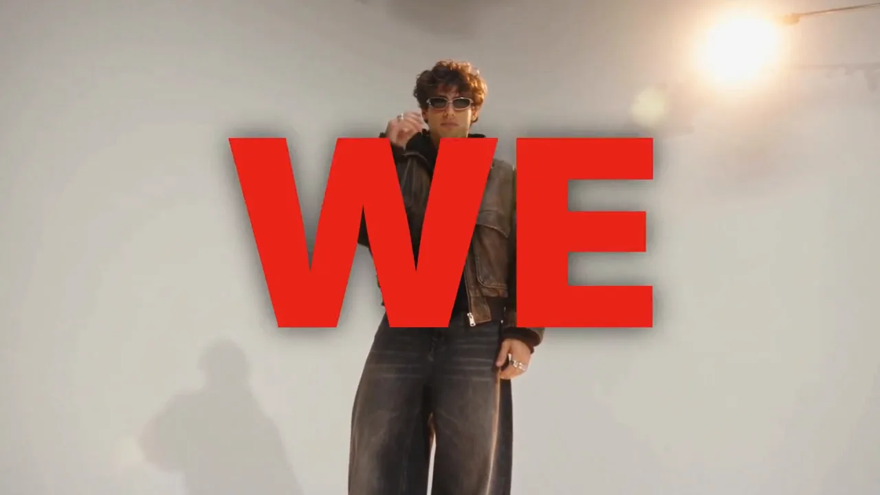 The same edit remade with Teo, an AI character in a brown leather jacket and wide jeans: his words, WE OWN THE BLOCK TILL MORNING, behind and over him on the same cuts