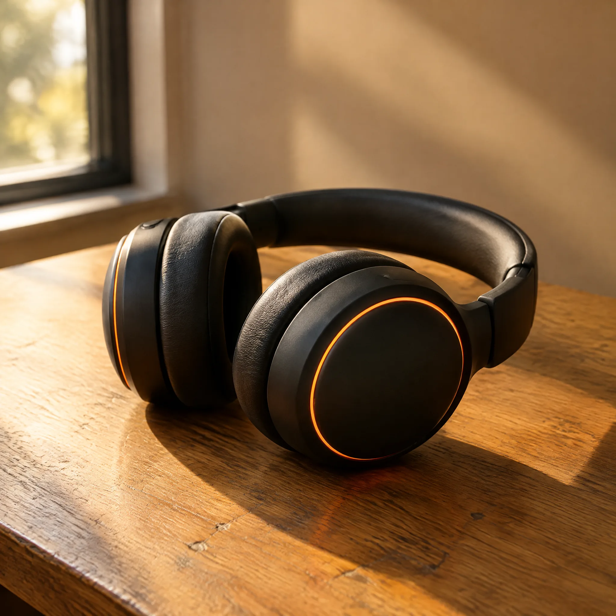 Auriculares de diadema negro mate con un fino anillo naranja luminoso en cada copa, apoyados sobre un escritorio de roble desgastado bajo la luz de la ventana al final de la tarde.
