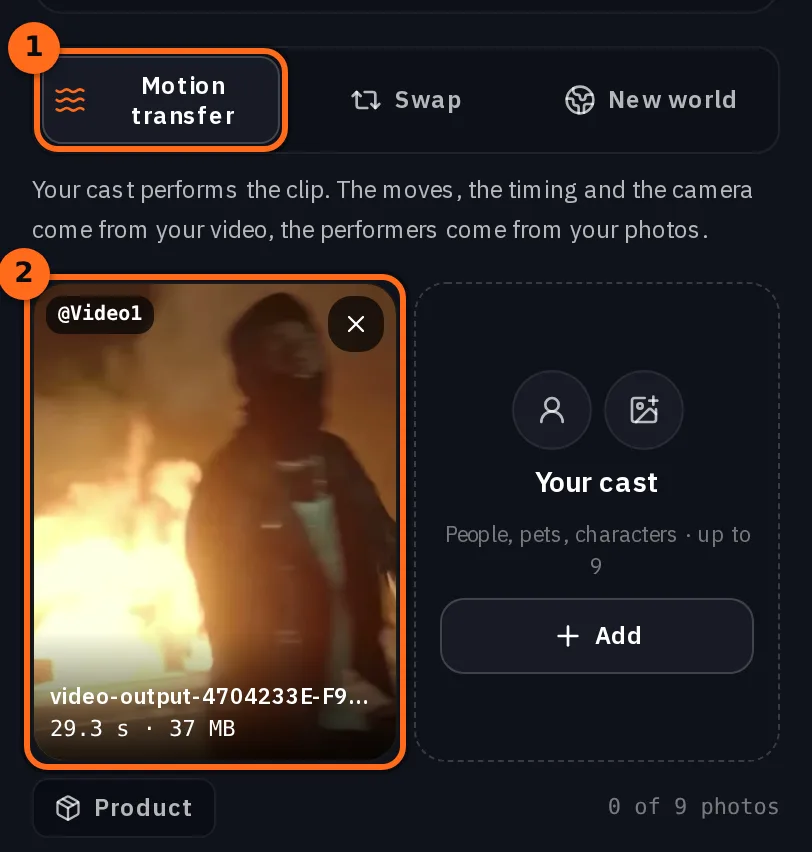 The Miroge composer with two numbered marks: Motion transfer selected among Motion transfer, Swap and New world, and the source clip in the Motion video tile, tagged @Video1 and reading 29.3 s and 37 MB, beside the empty Your cast panel