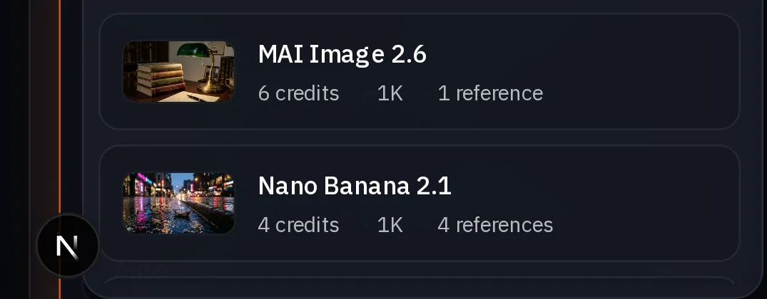 A lista de modelos em Criar imagens com o Nano Banana 2.1 destacado, mostrando seu preço, 1K e 4 referências