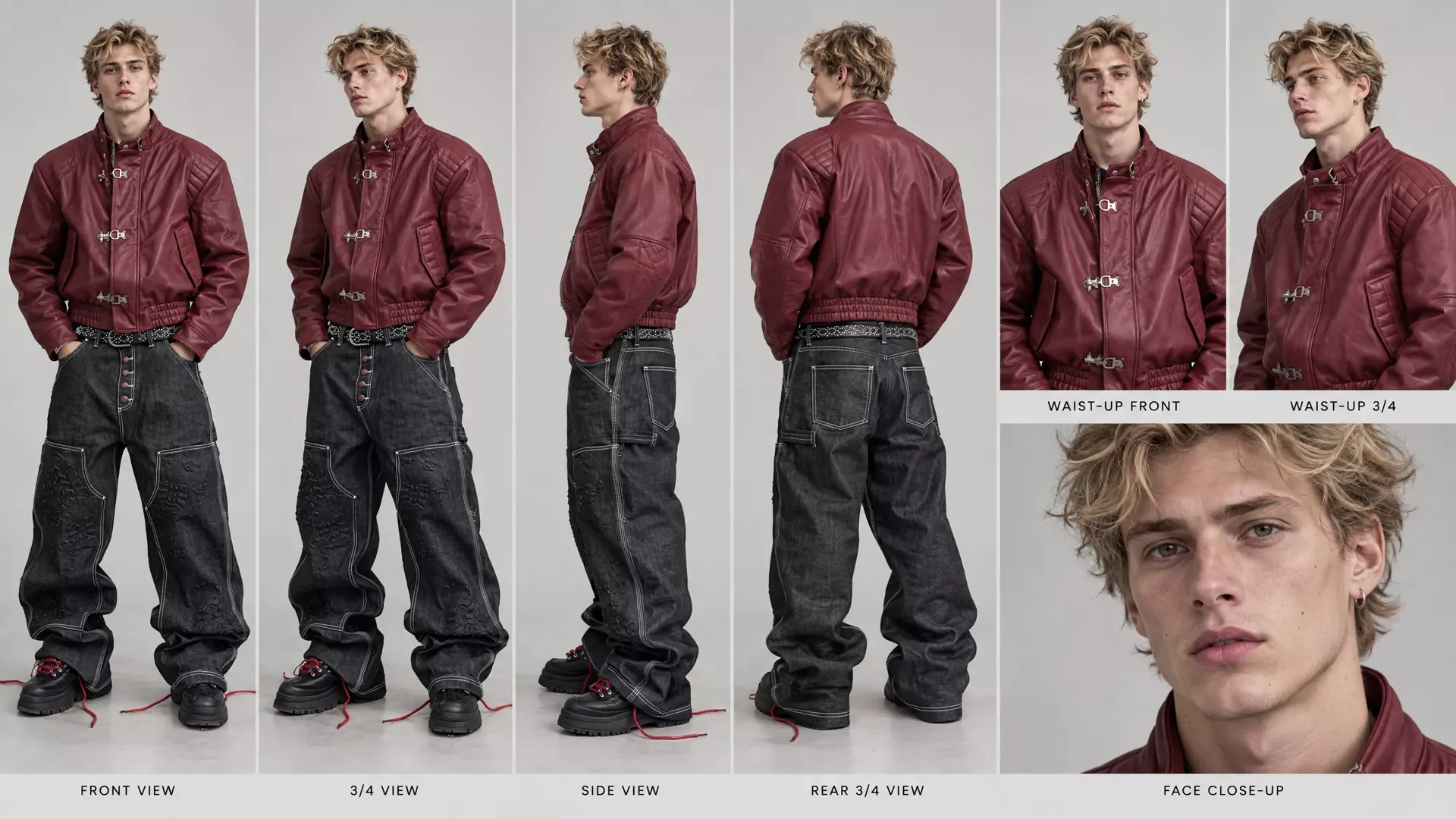 Ein Charakterblatt eines jungen Mannes mit zerzaustem blondem Haar, burgunderroter Stepplederjacke, schwarzer Baggy-Cargo-Jeans und schwarzen Plateau-Sneakern mit roten Schnürsenkeln: Front-, Dreiviertel-, Seiten- und Rückansicht, zwei Hüftaufnahmen und eine Gesichtsnahaufnahme