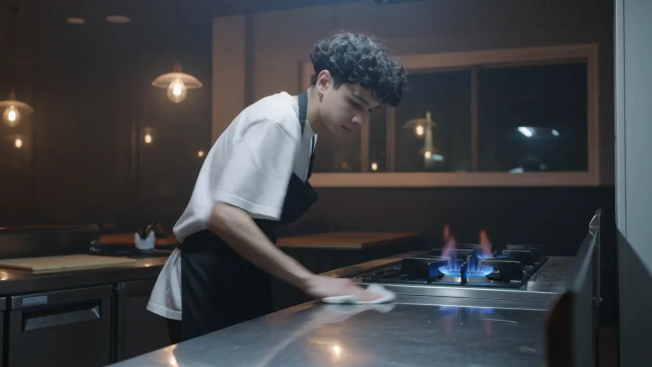 검은색 앞치마를 두른 곱슬머리의 젊은 셰프가 파란색 가스 불이 켜진 스테인리스 카운터를 닦고 있으며, 뒤쪽에는 따뜻한 펜던트 조명이 켜져 있는 모습.