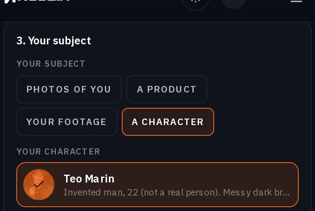 The subject choice set to A character, with Teo Marin picked from the character list