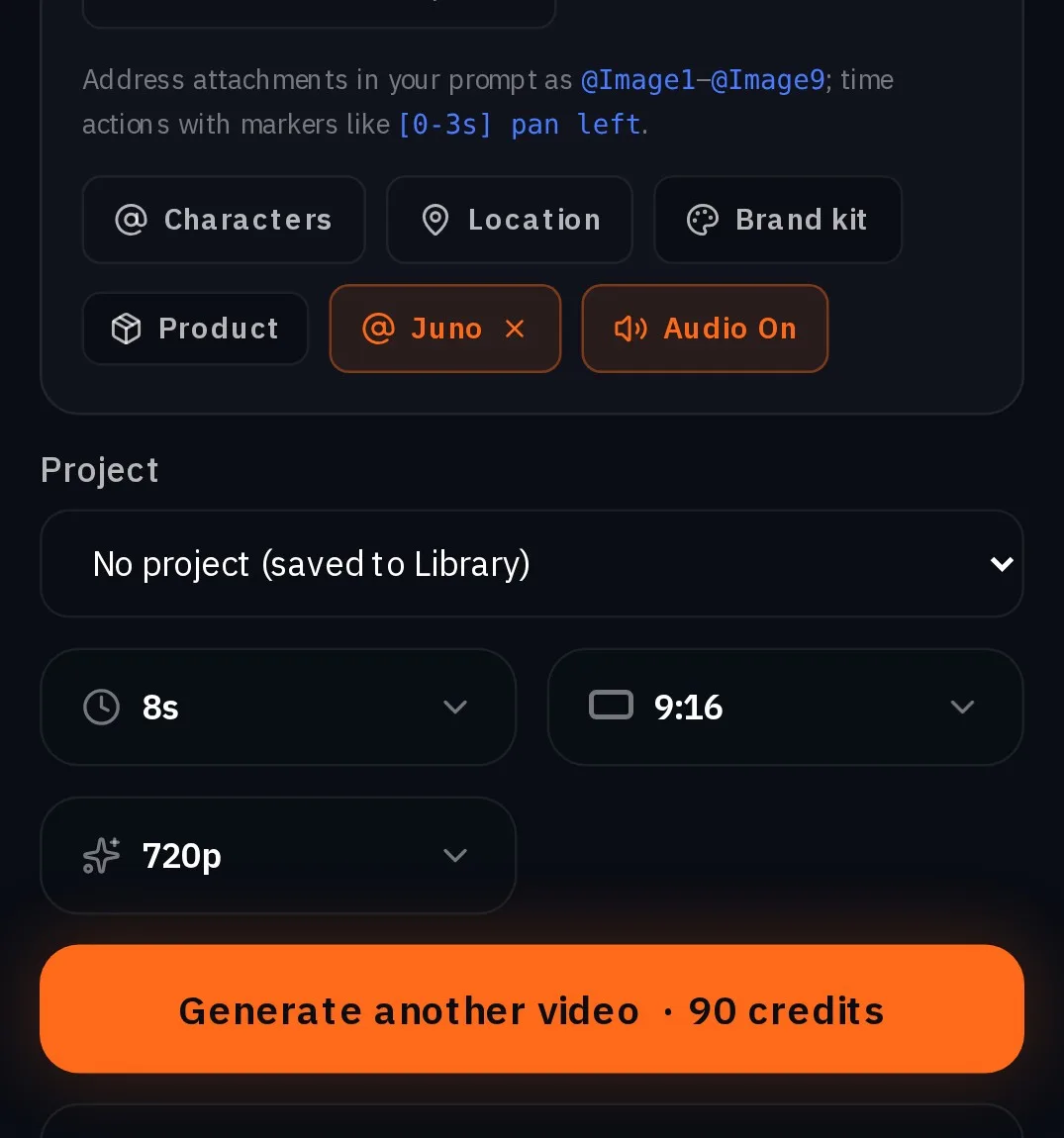 The Create video settings with the Juno chip, 8s, 9:16 and 720p