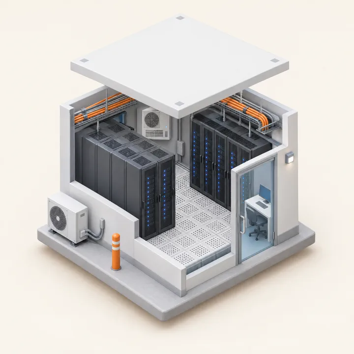 Small server room as a tiny isometric model with the ceiling lifted away, 1:1