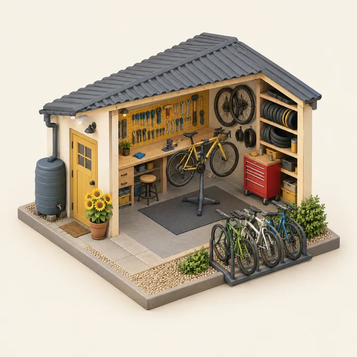 Bicycle repair workshop as a tiny isometric model on its own base, 1:1