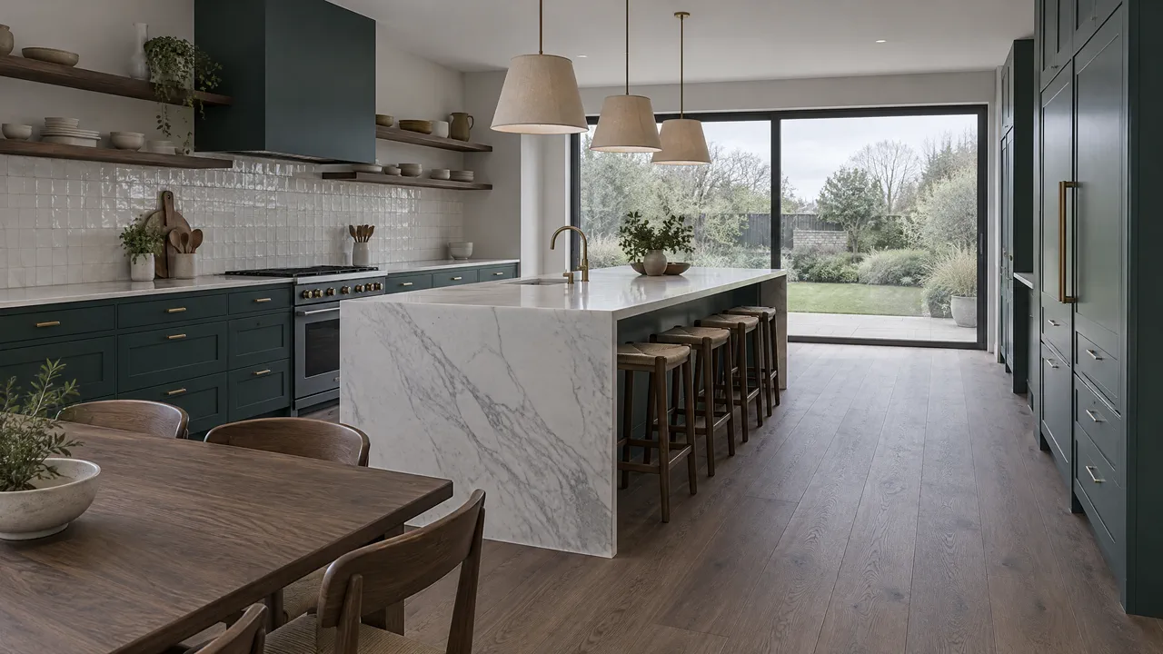 Family kitchen, 16:9, two point perspective under overcast north light