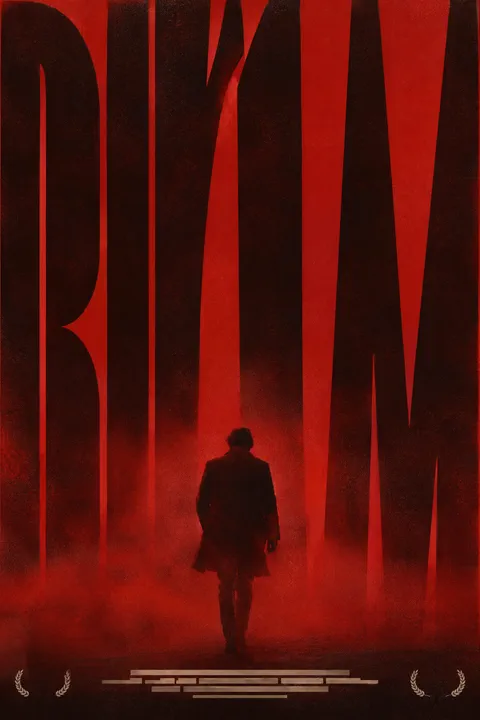 Film poster: a silhouetted figure walking through haze on a deep red field