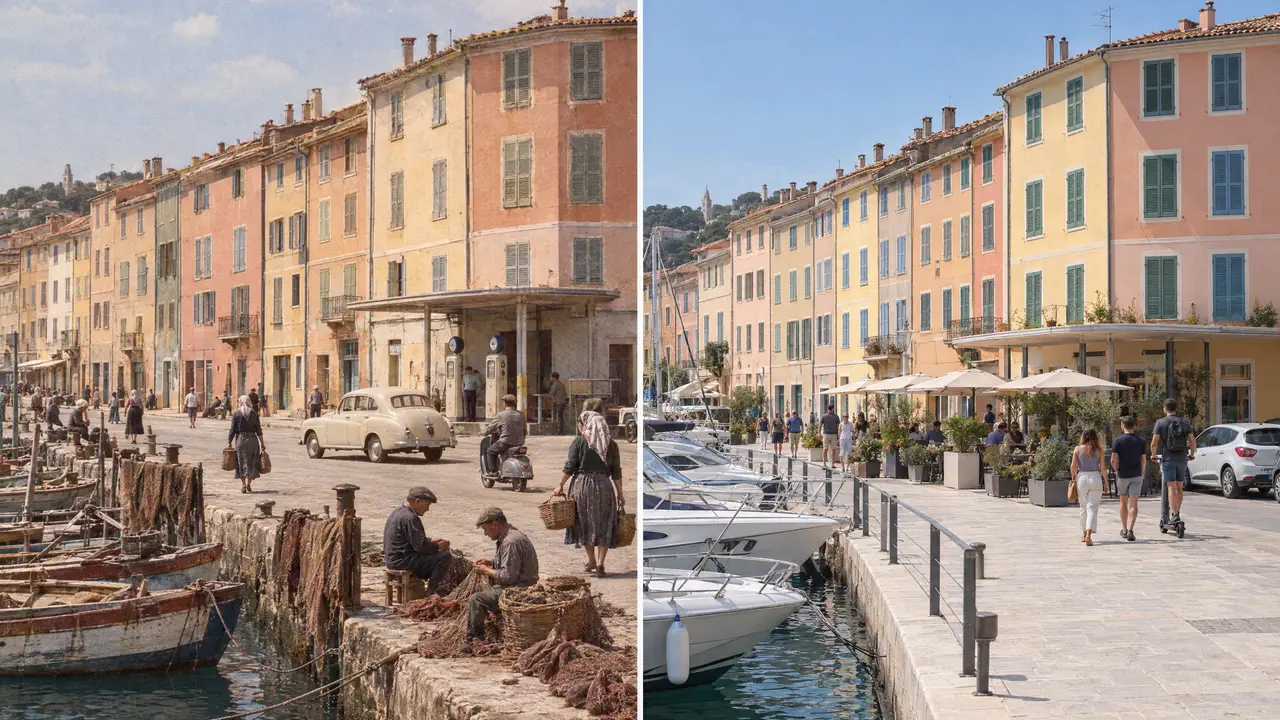 The same harbour front around 1955 and today, matched from one camera position