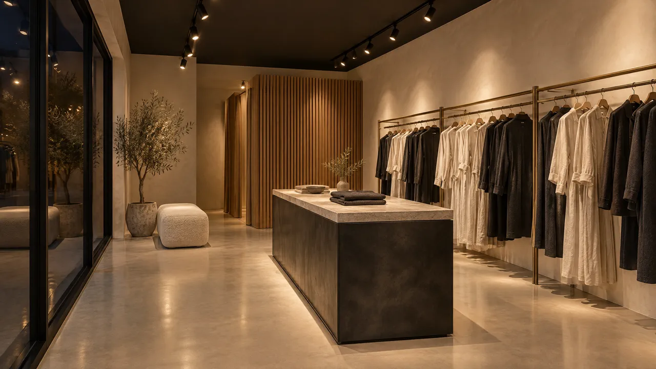 Clothing boutique fit out, 16:9, two point perspective lit by warm track spots at evening