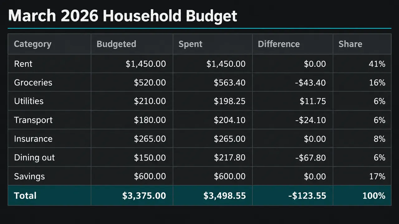 Dark dashboard style, 16:9, a 5 column household budget with a highlighted total row, every cell as supplied
