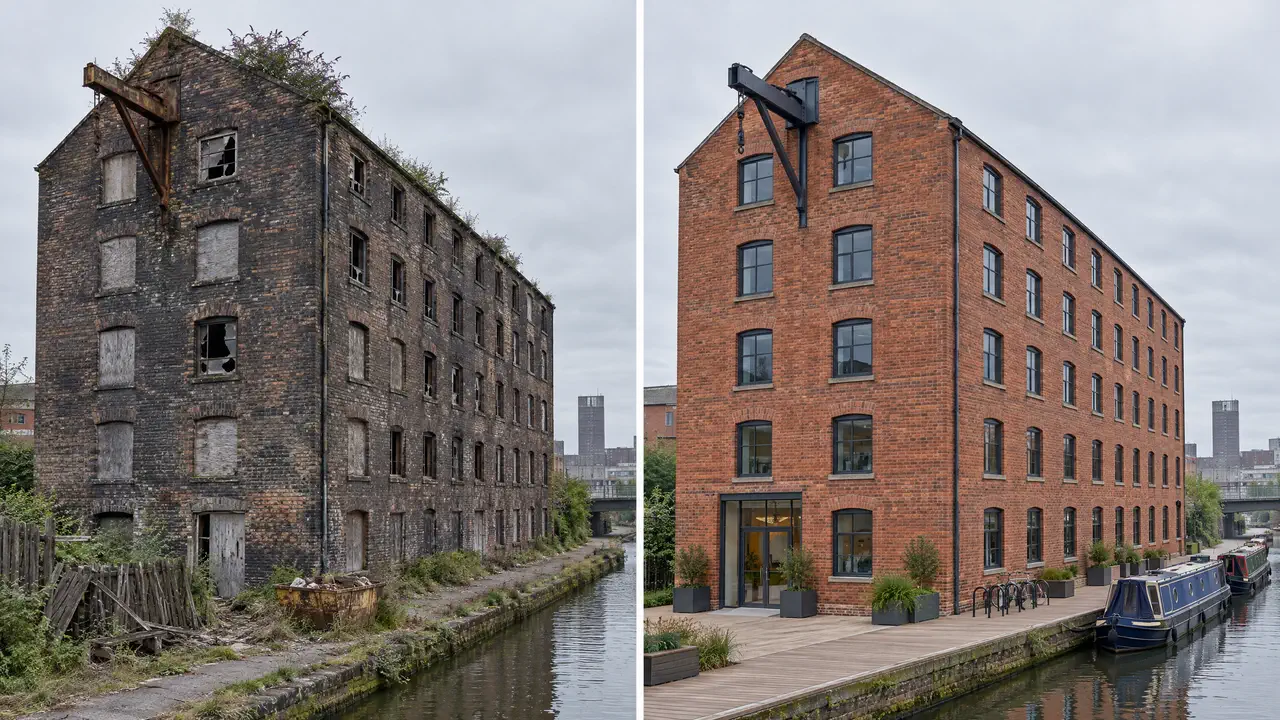 A canal side warehouse at its worst and restored, same camera, same overcast light