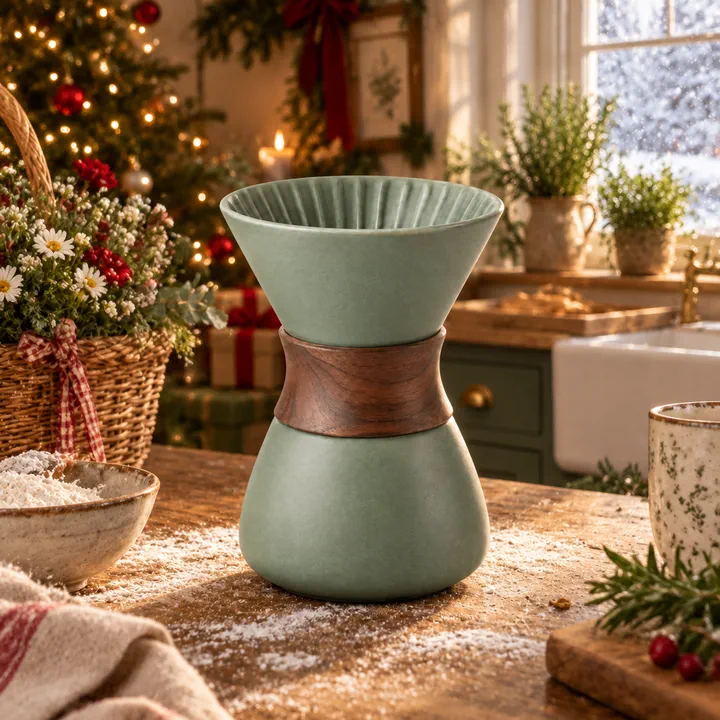Cottagecore with a Christmas season on a product hero shot; the dripper, its colour and its walnut collar unchanged